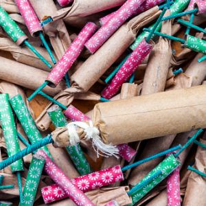 Aerial view of a messy pile of different types of firecrackers.